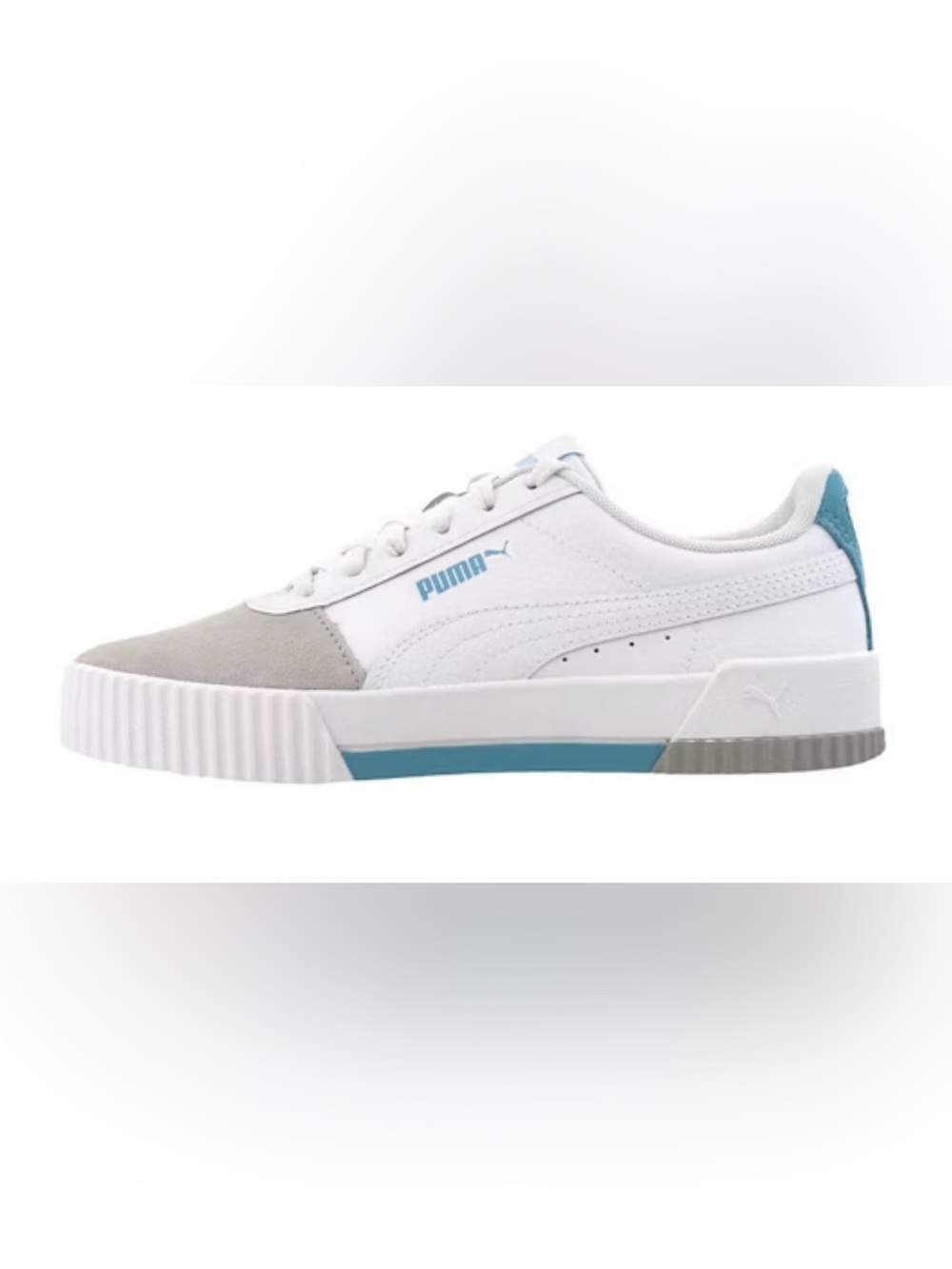 Women Puma Carina Leather White-Grey Sneaker with Light Blue Accents NEW